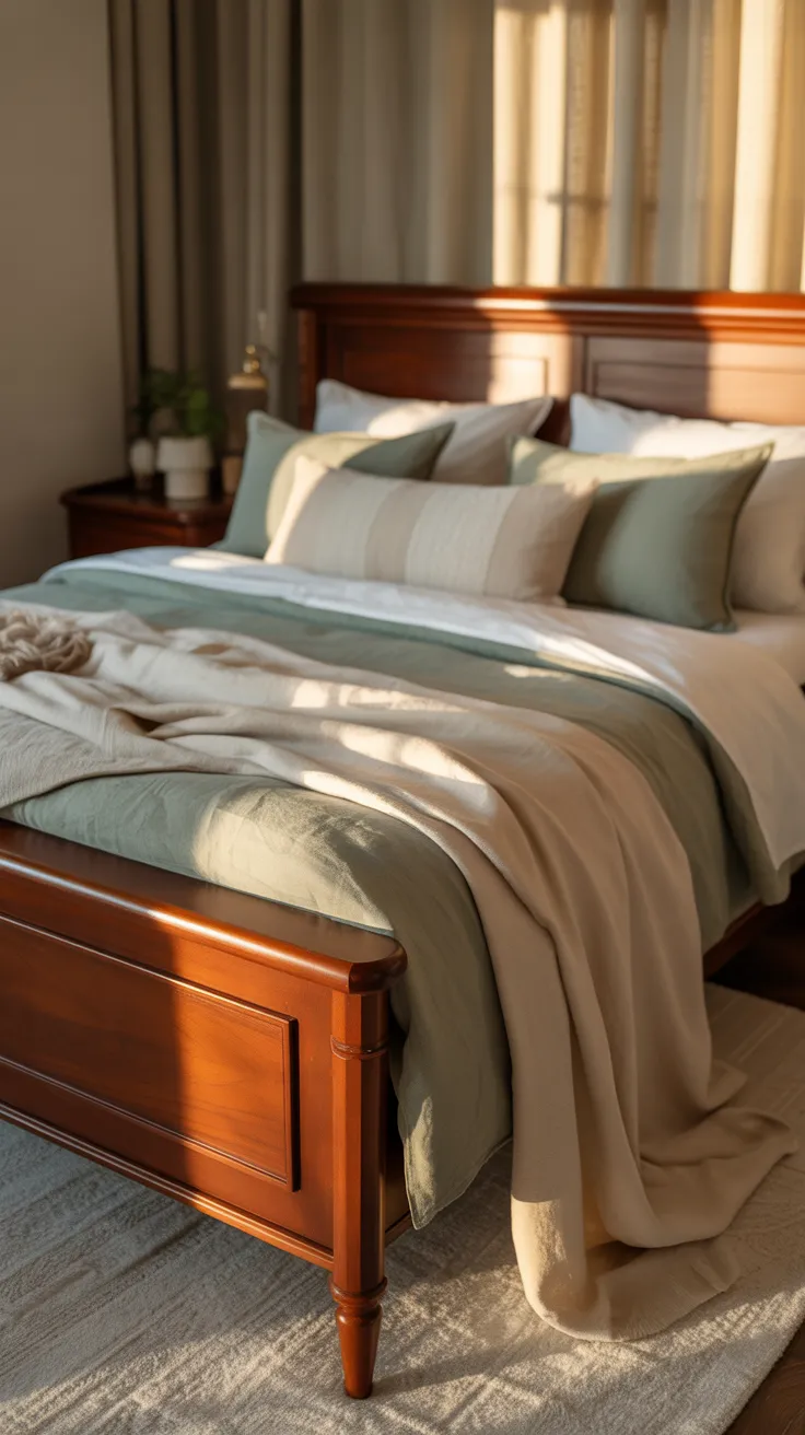 Cherry wood bedroom decor ideas featuring elegant wooden furniture, warm tones, and cozy modern bedroom styling inspiration
