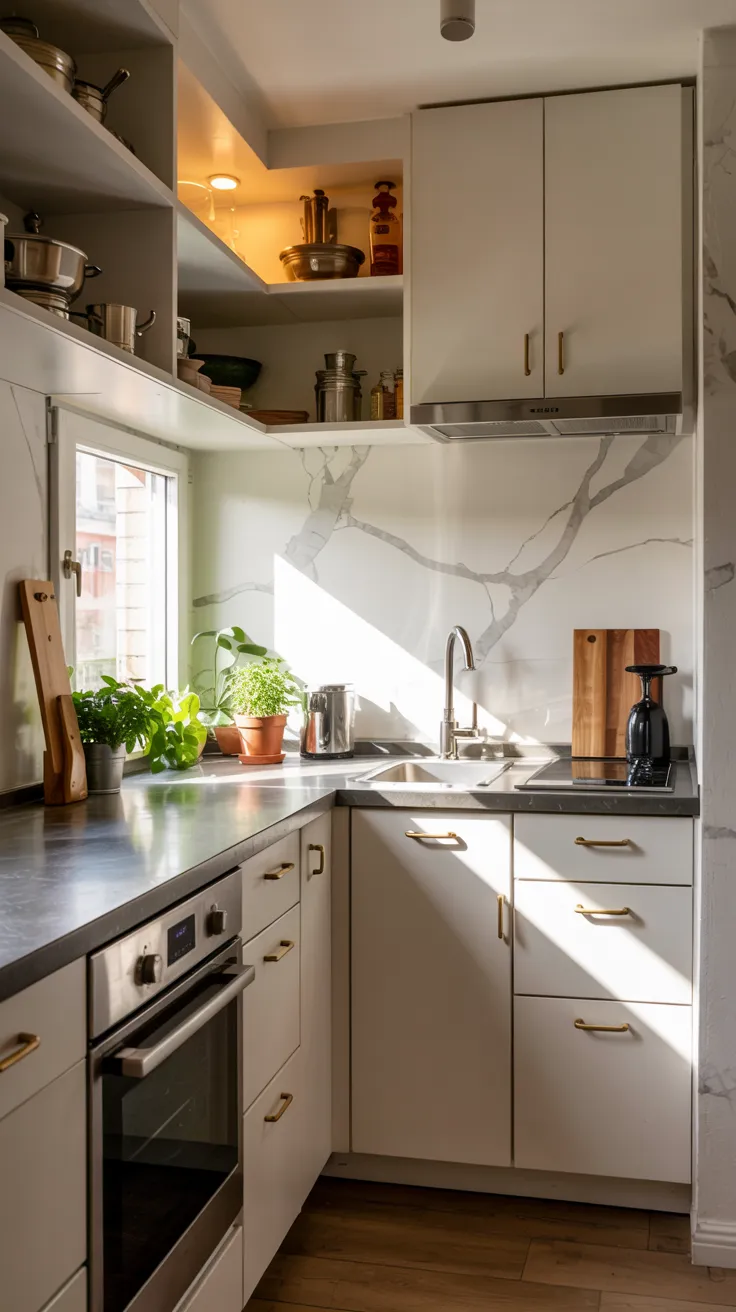 Compact modern kitchen showcasing smart small kitchen ideas with space-saving layout and stylish organization