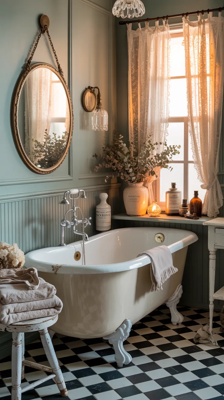 Pinterest-style vintage small bathroom with compact layout, wall-mounted sink, classic decor elements, light pastel tones, cozy traditional interior, warm lighting, high resolution, aesthetic home interior, no text, no watermark