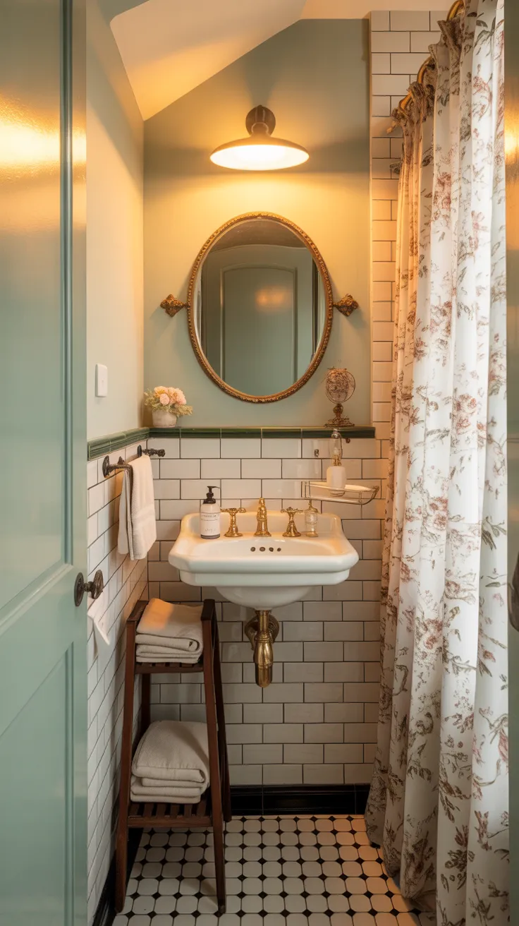 Pinterest-style vintage small bathroom with compact layout, wall-mounted sink, classic decor elements, light pastel tones, cozy traditional interior, warm lighting, high resolution, aesthetic home interior, no text, no watermark