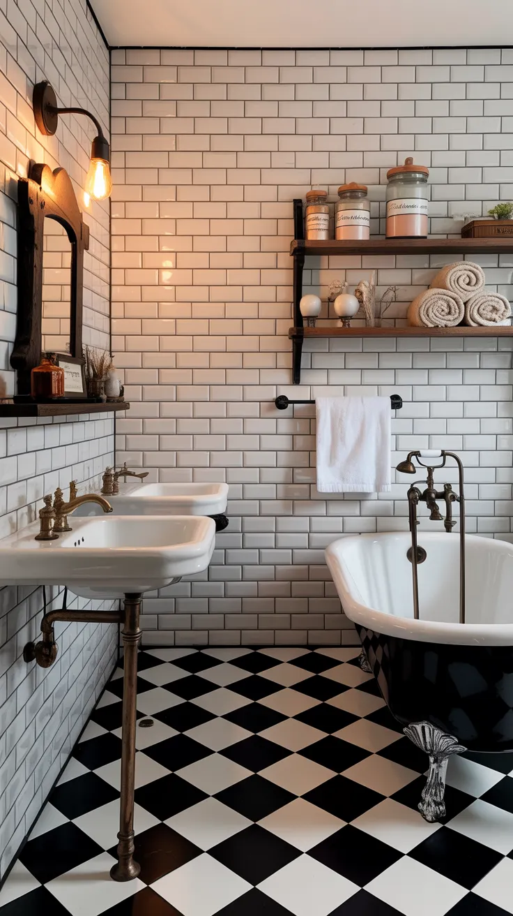 Pinterest-style vintage small bathroom with compact layout, wall-mounted sink, classic decor elements, light pastel tones, cozy traditional interior, warm lighting, high resolution, aesthetic home interior, no text, no watermark