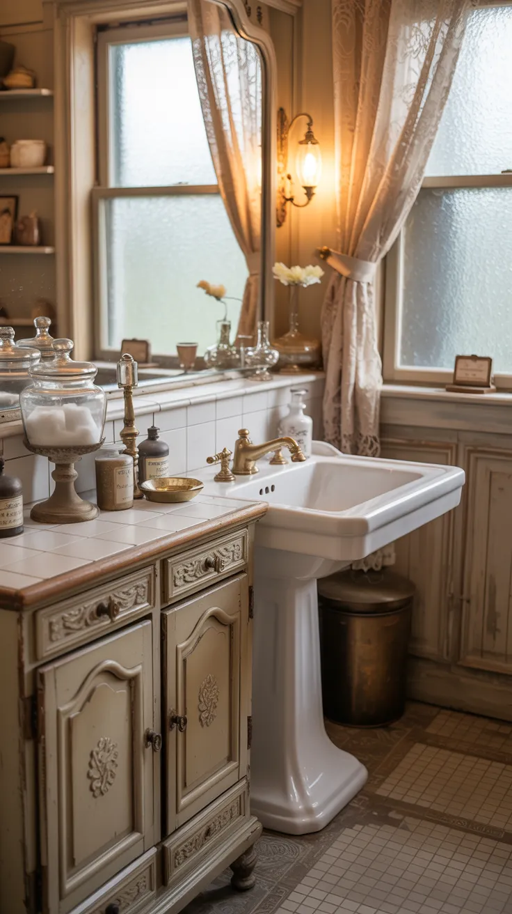 Pinterest-style vintage small bathroom with compact layout, wall-mounted sink, classic decor elements, light pastel tones, cozy traditional interior, warm lighting, high resolution, aesthetic home interior, no text, no watermark