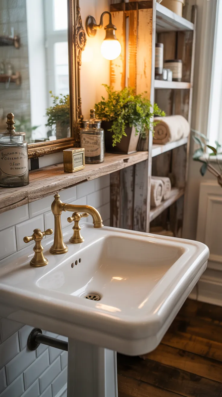 Pinterest-style vintage small bathroom with compact layout, wall-mounted sink, classic decor elements, light pastel tones, cozy traditional interior, warm lighting, high resolution, aesthetic home interior, no text, no watermark