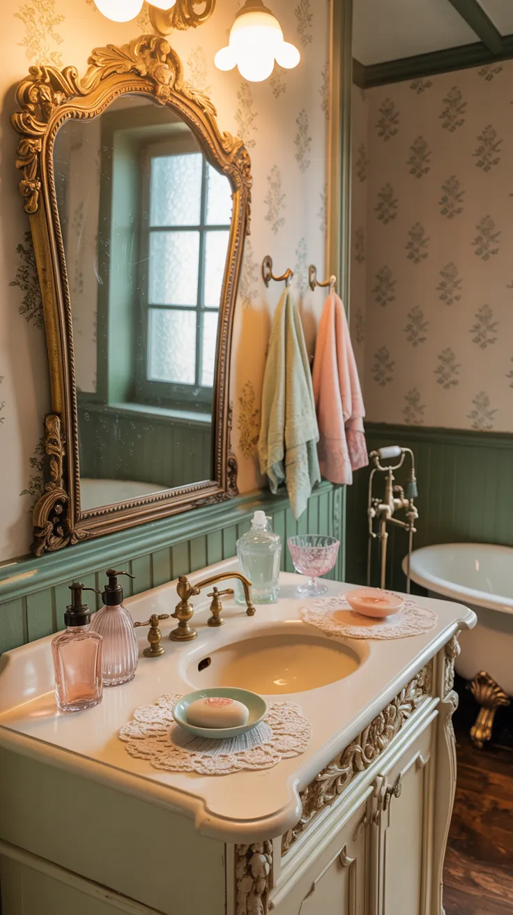 Pinterest-style vintage small bathroom with compact layout, wall-mounted sink, classic decor elements, light pastel tones, cozy traditional interior, warm lighting, high resolution, aesthetic home interior, no text, no watermark