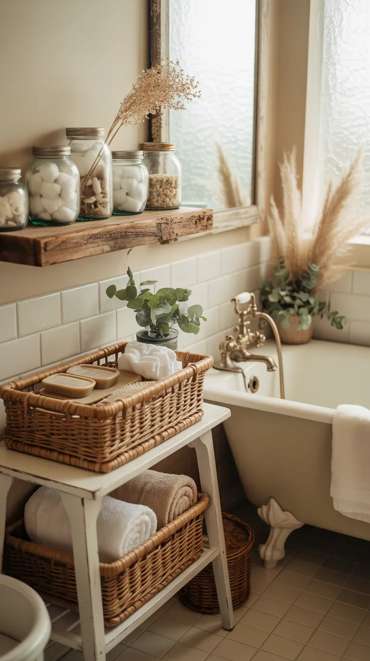 Pinterest-style vintage small bathroom with compact layout, wall-mounted sink, classic decor elements, light pastel tones, cozy traditional interior, warm lighting, high resolution, aesthetic home interior, no text, no watermark