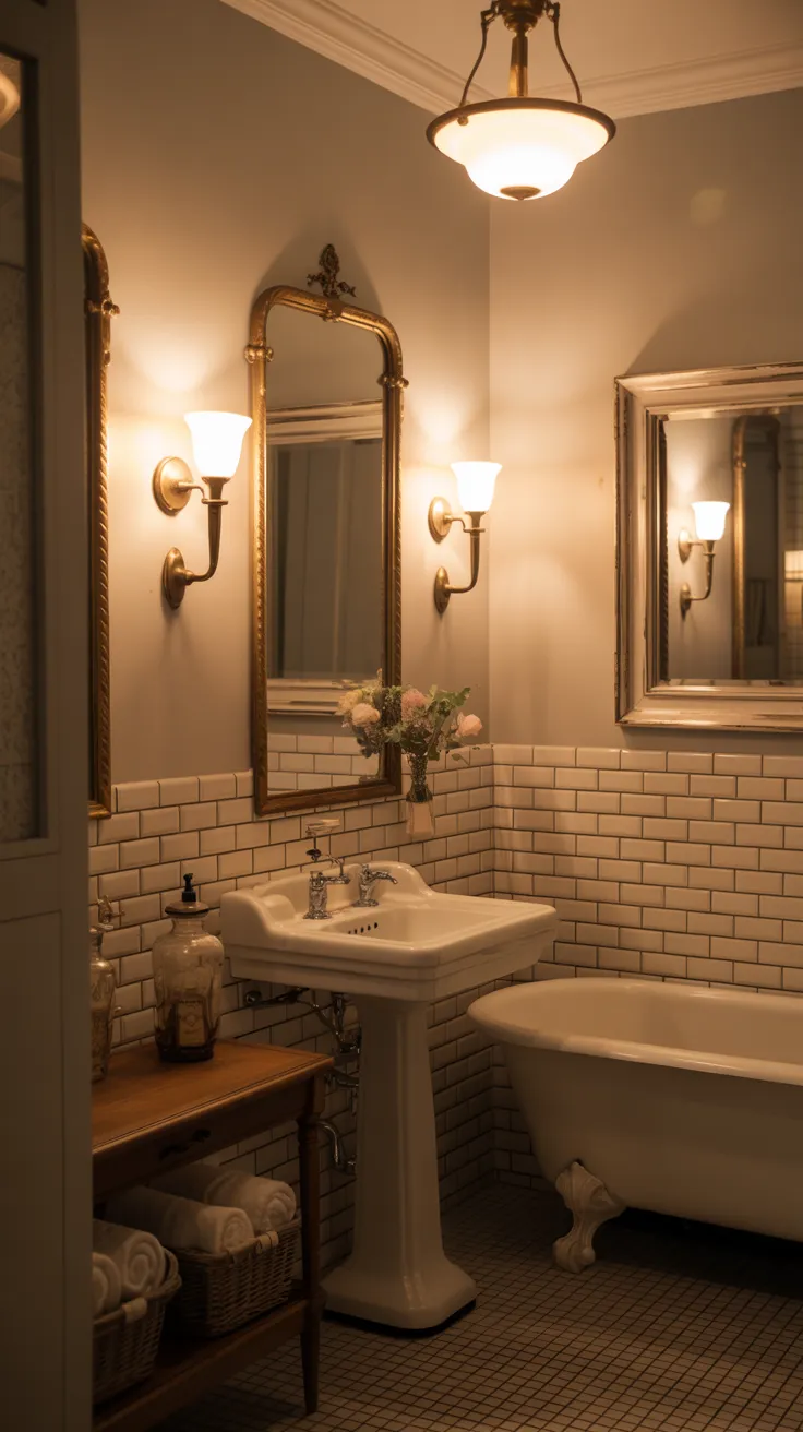 Pinterest-style vintage small bathroom with compact layout, wall-mounted sink, classic decor elements, light pastel tones, cozy traditional interior, warm lighting, high resolution, aesthetic home interior, no text, no watermark