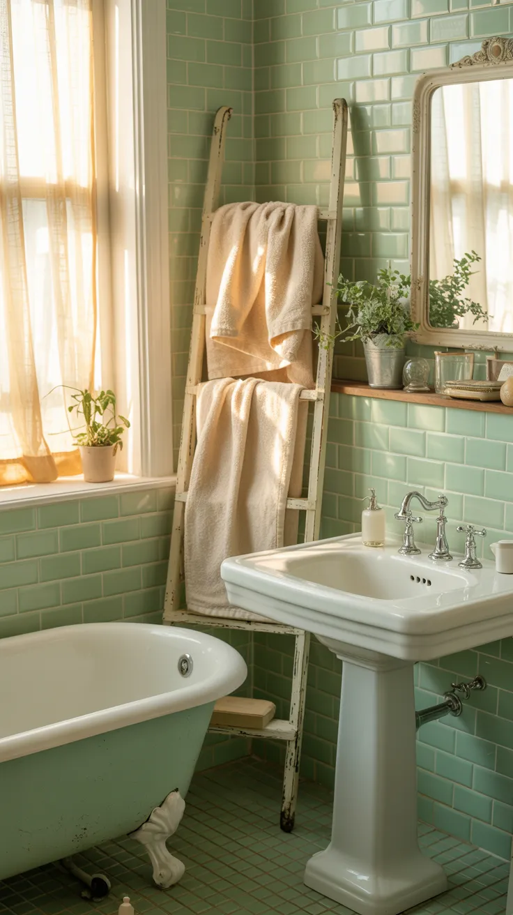 Pinterest-style vintage small bathroom with compact layout, wall-mounted sink, classic decor elements, light pastel tones, cozy traditional interior, warm lighting, high resolution, aesthetic home interior, no text, no watermark