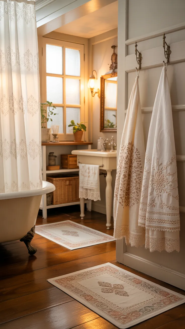 Pinterest-style vintage small bathroom with compact layout, wall-mounted sink, classic decor elements, light pastel tones, cozy traditional interior, warm lighting, high resolution, aesthetic home interior, no text, no watermark