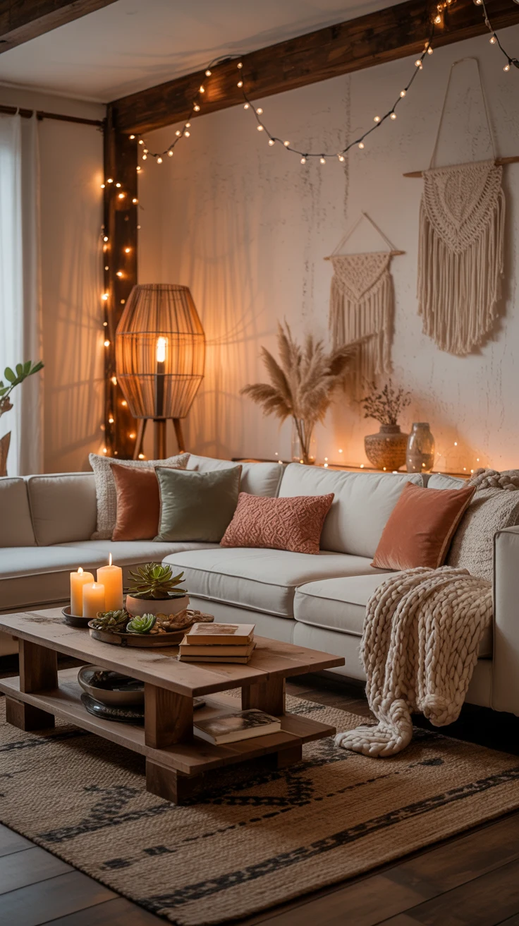 Boho living room ideas with cozy decor and aesthetic styling