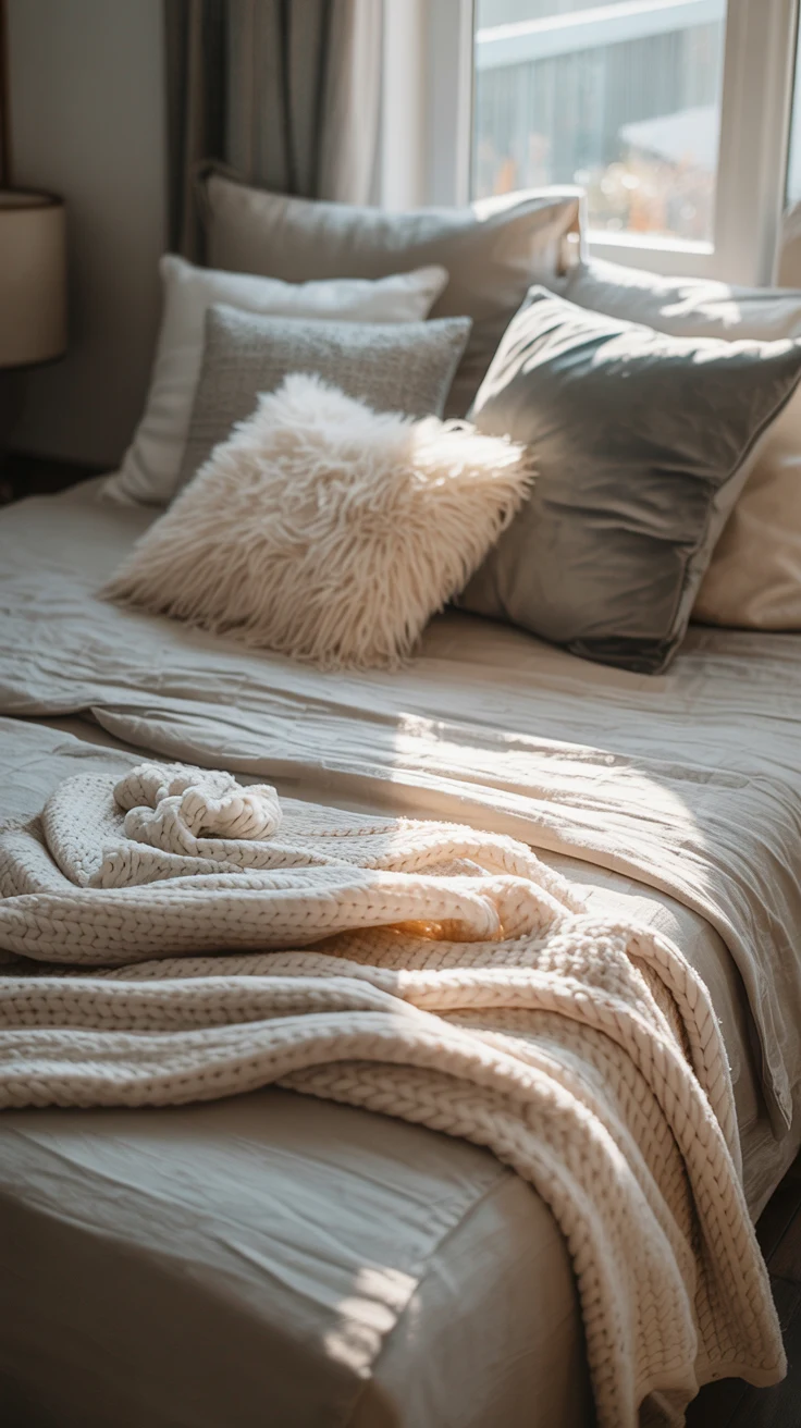 Pinterest-style cozy bedroom with plush bedding, soft white and neutral tones, layered pillows, warm lighting, inviting restful atmosphere, realistic interior photography, no text, no watermark, vertical composition, Pinterest aesthetic, soft natural lighting, realistic color grading, cozy home vibe