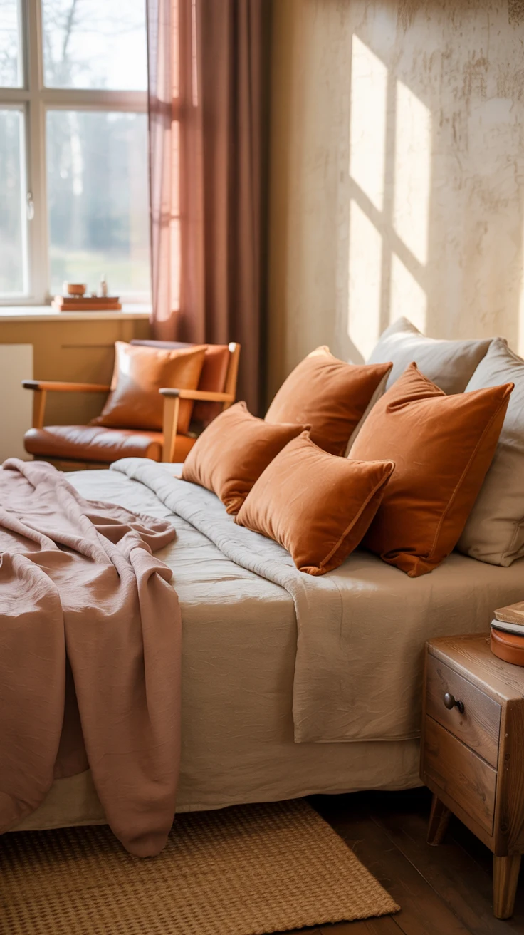 Pinterest-style cozy bedroom with plush bedding, soft white and neutral tones, layered pillows, warm lighting, inviting restful atmosphere, realistic interior photography, no text, no watermark, vertical composition, Pinterest aesthetic, soft natural lighting, realistic color grading, cozy home vibe