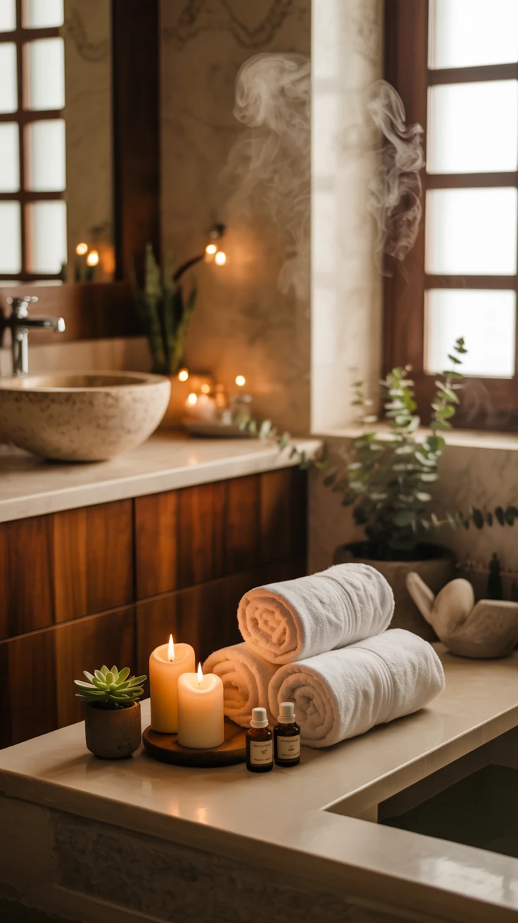 Luxury bathroom design with modern cozy spa-style interior