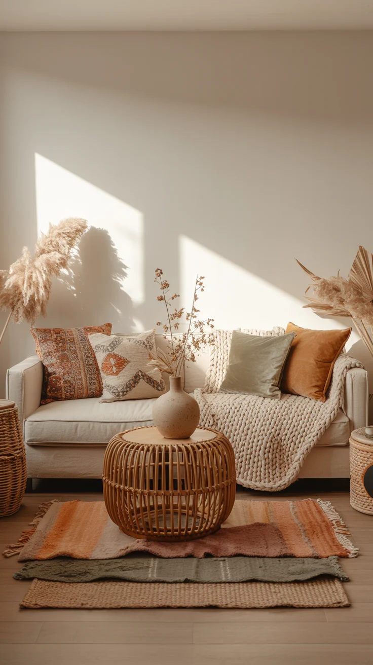 Modern boho living room with cozy and stylish decor