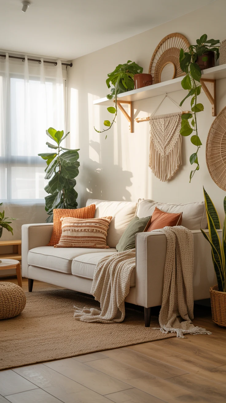 Modern boho living room with cozy and stylish decor
