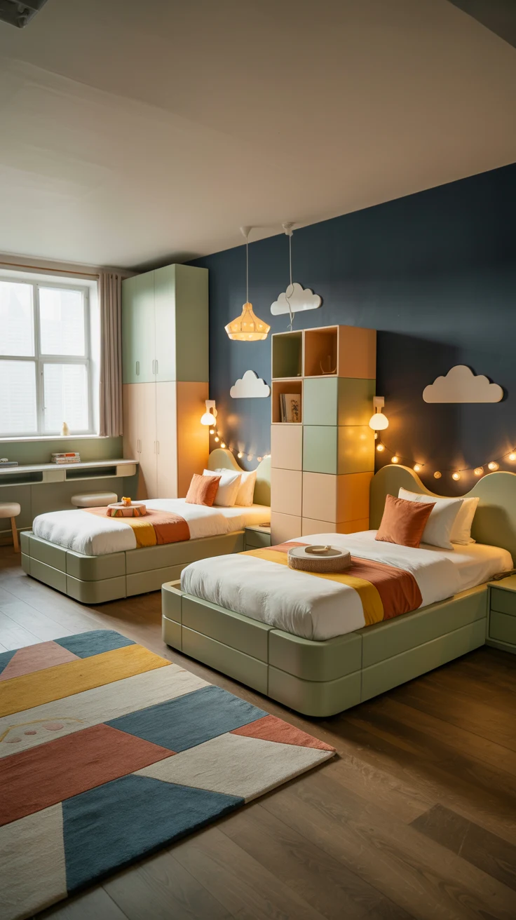 shared kids bedroom design with cozy layout