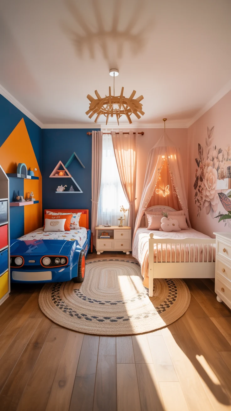 shared kids bedroom design with cozy layout