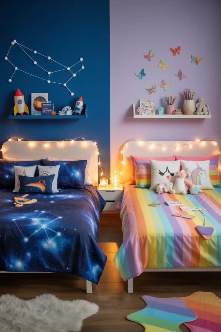 shared kids bedroom design with cozy layout