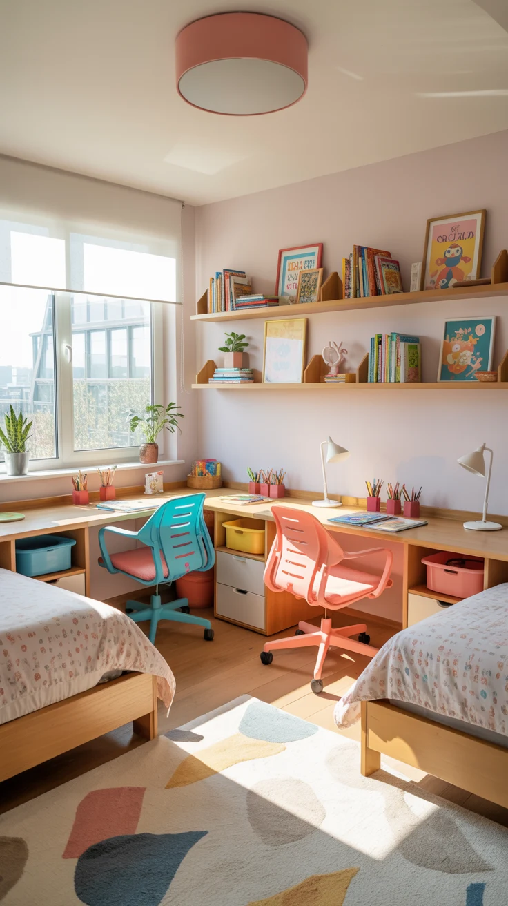 shared kids bedroom design with cozy layout