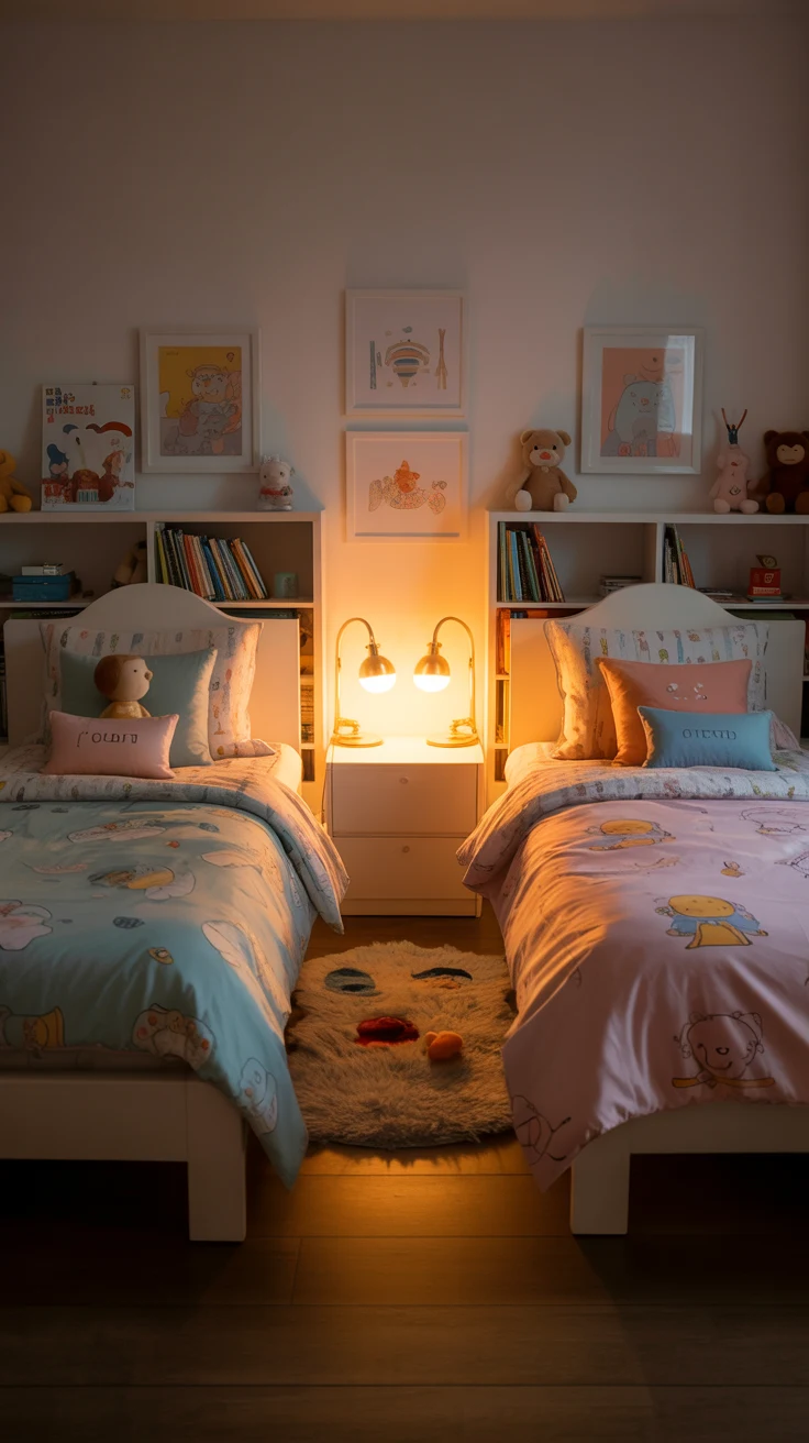 shared kids bedroom design with cozy layout
