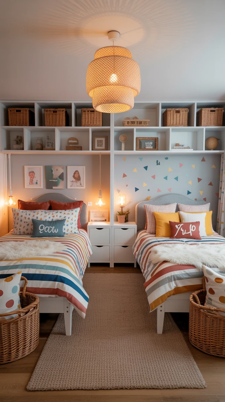 shared kids bedroom design with cozy layout