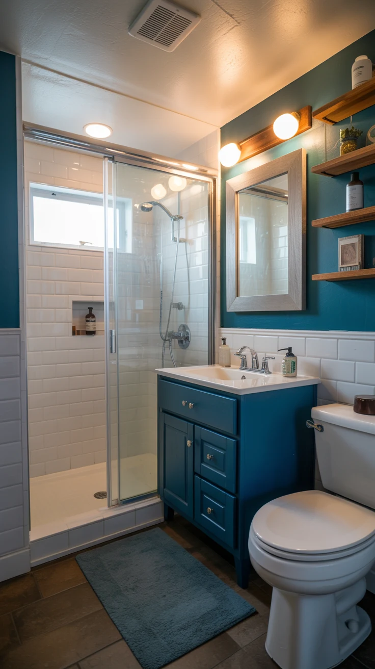 compact bathroom remodel with smart layout, walk-in shower, floating vanity
