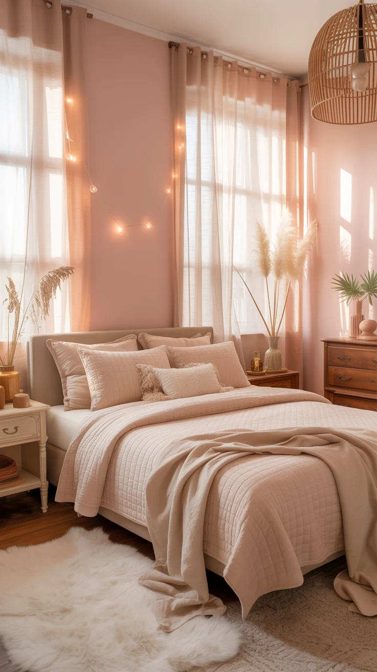 pink bedroom with cozy layered decor and stylish aesthetic 