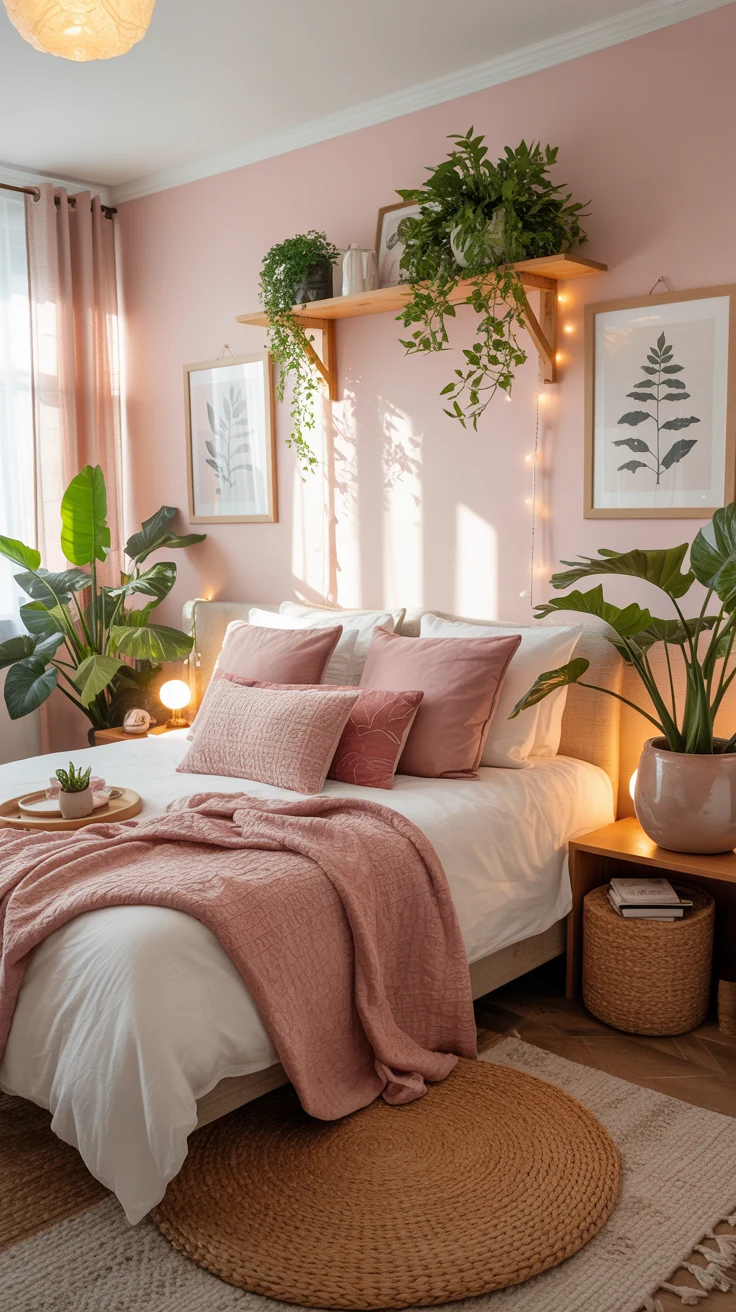 pink bedroom with cozy layered decor and stylish aesthetic 