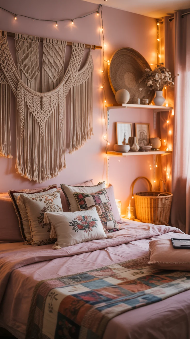 pink bedroom with cozy layered decor and stylish aesthetic 