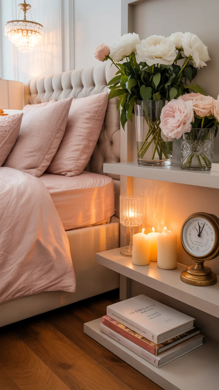 pink bedroom with cozy layered decor and stylish aesthetic