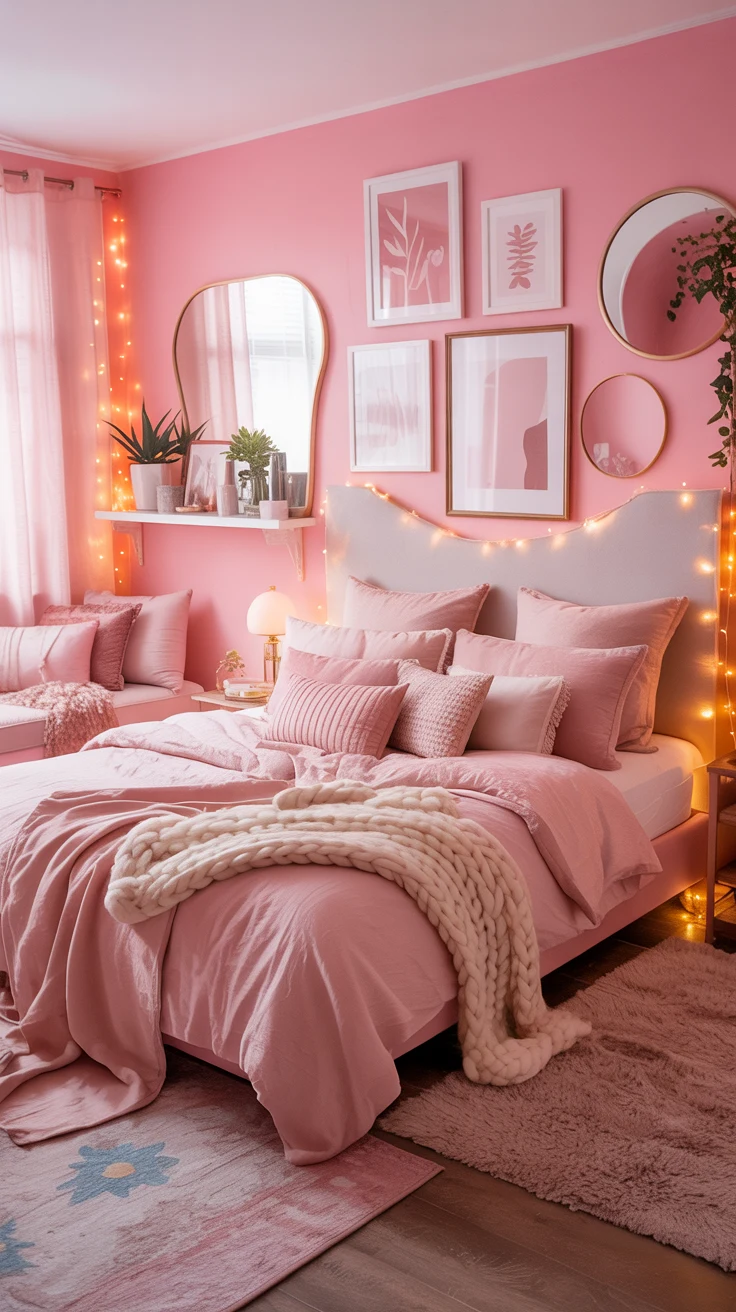 pink bedroom with cozy layered decor and stylish aesthetic