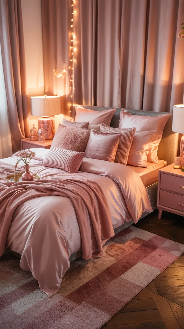 pink bedroom with cozy layered decor and stylish aesthetic 