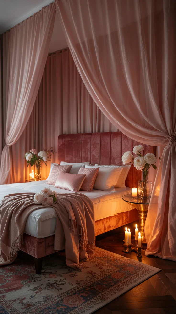 pink bedroom with cozy layered decor and stylish aesthetic 