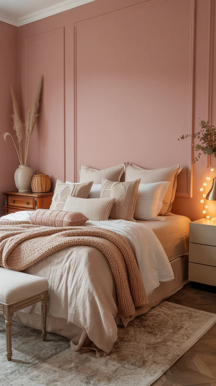 pink bedroom with cozy layered decor and stylish aesthetic 