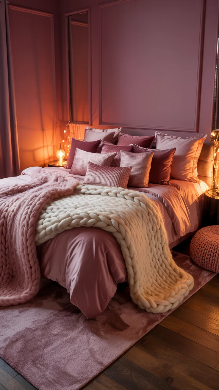 pink bedroom with cozy layered decor and stylish aesthetic 