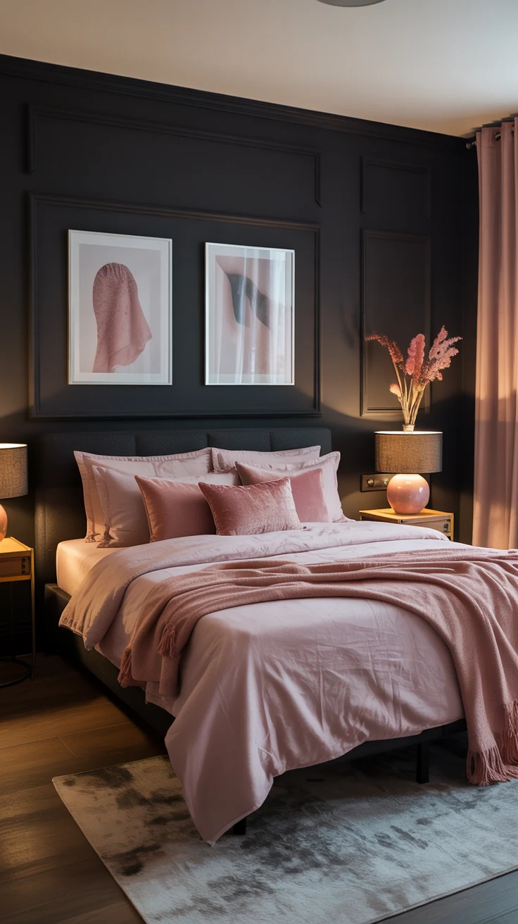 black and pink bedroom with bold contrast
