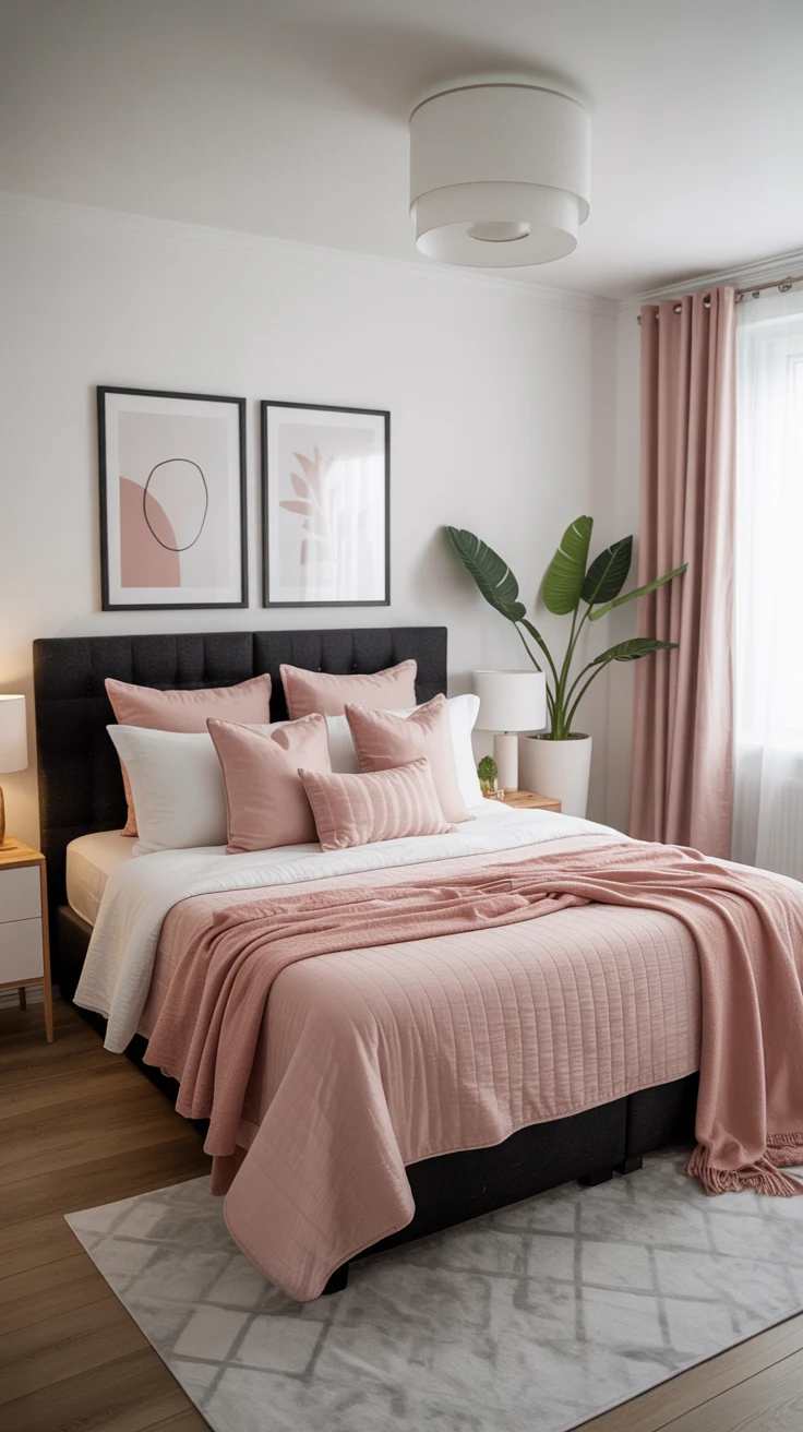 black and pink bedroom with bold contrast
