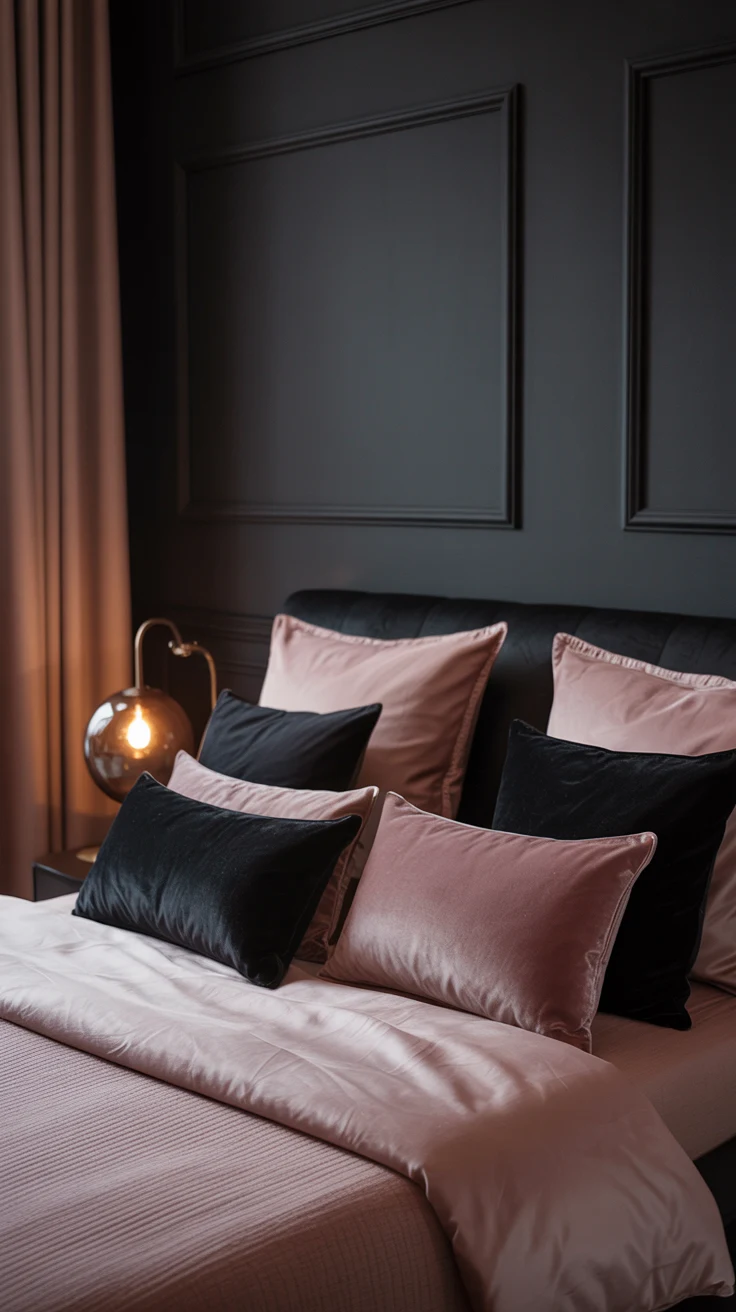 black and pink bedroom with bold contrast
