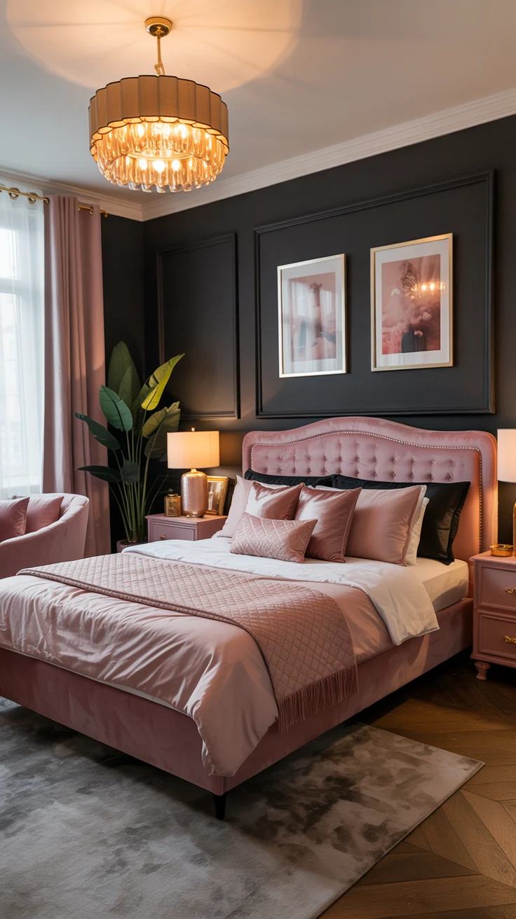 black and pink bedroom with bold contrast
