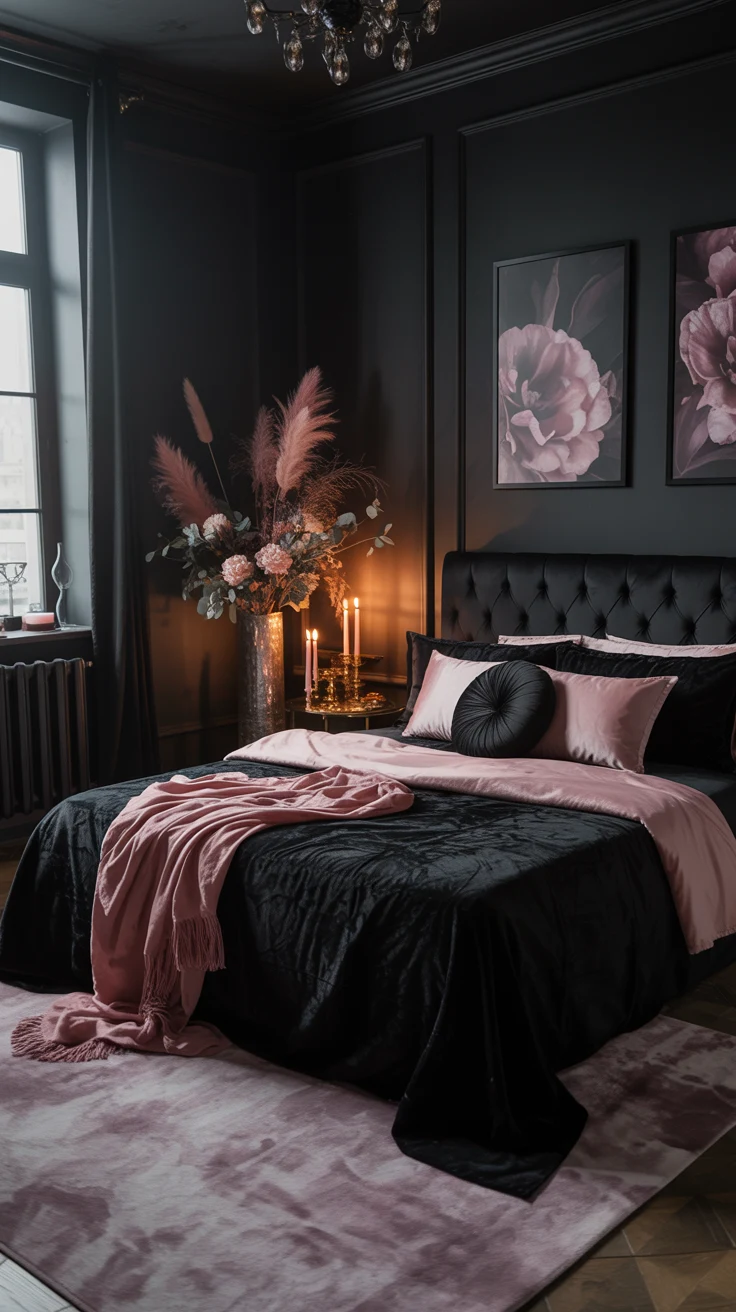 black and pink bedroom with bold contrast