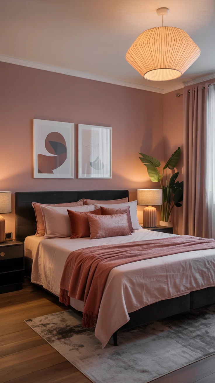 black and pink bedroom with bold contrast