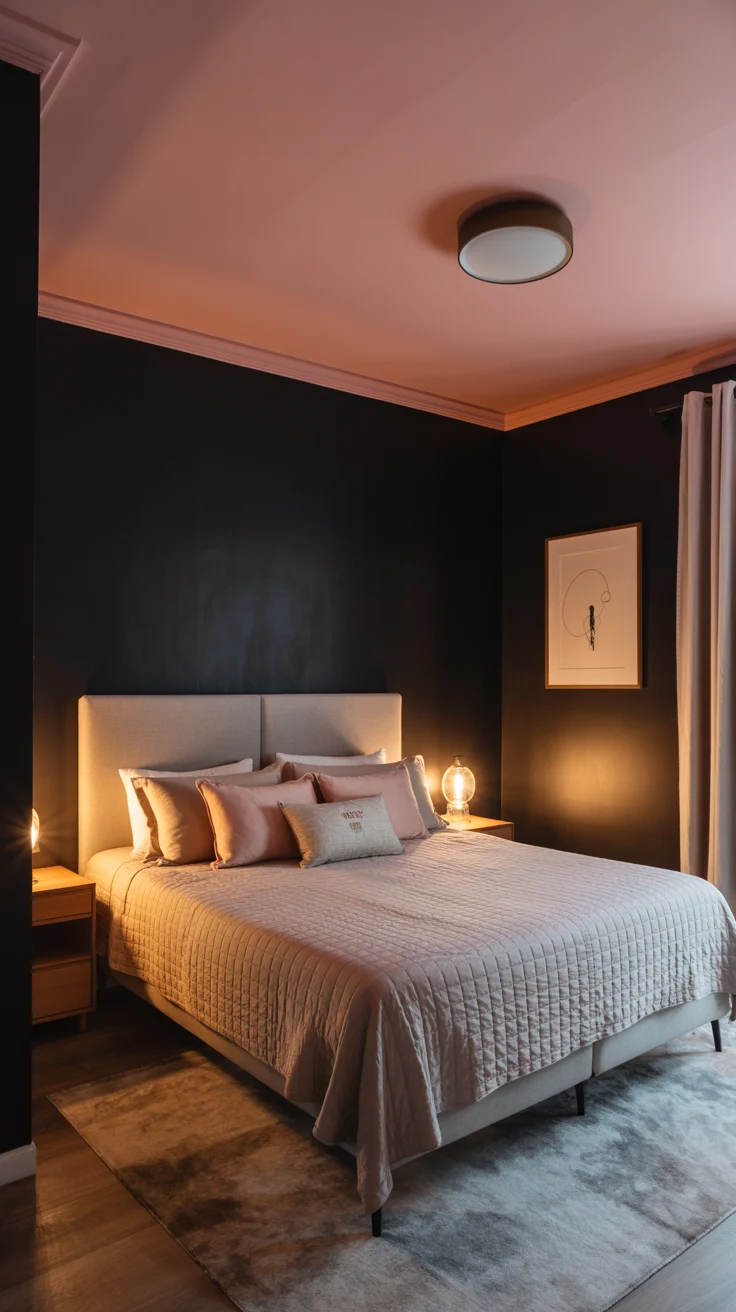 black and pink bedroom with bold contrast