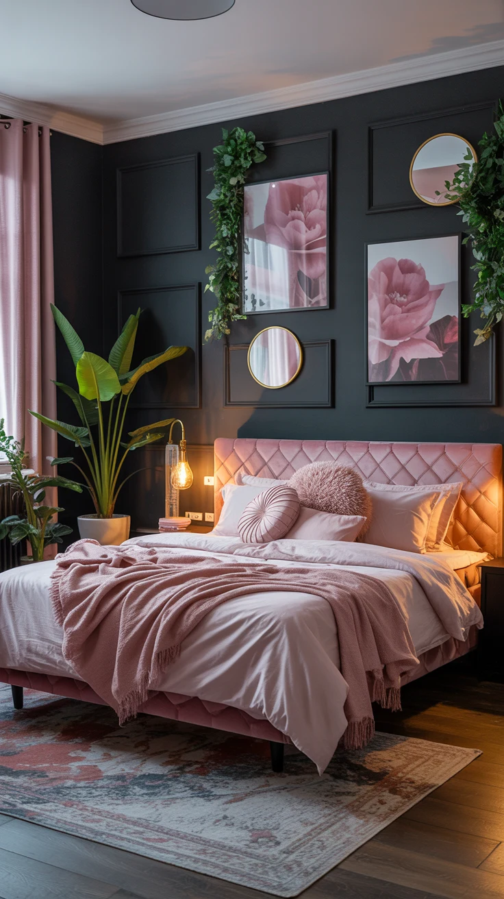 black and pink bedroom with bold contrast