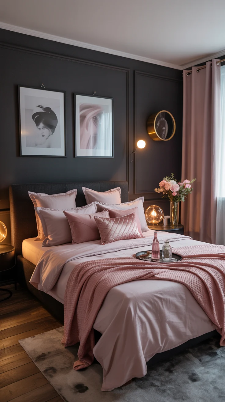 black and pink bedroom with bold contrast