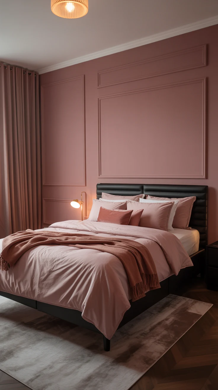 black and pink bedroom with bold contrast