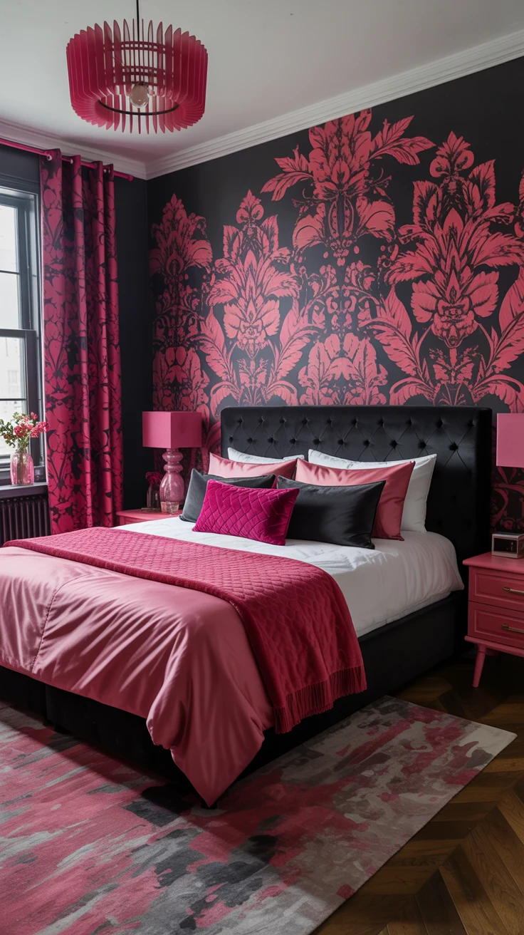 black and pink bedroom with bold contrast