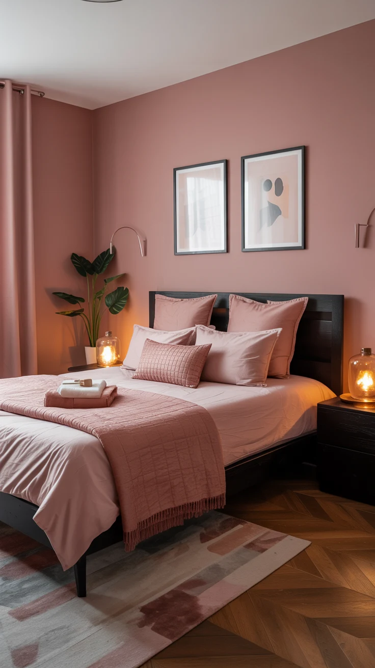 black and pink bedroom with bold contrast