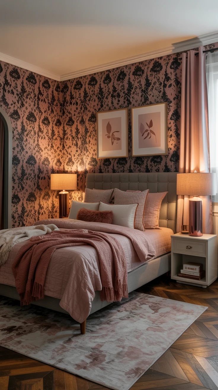 black and pink bedroom with bold contrast