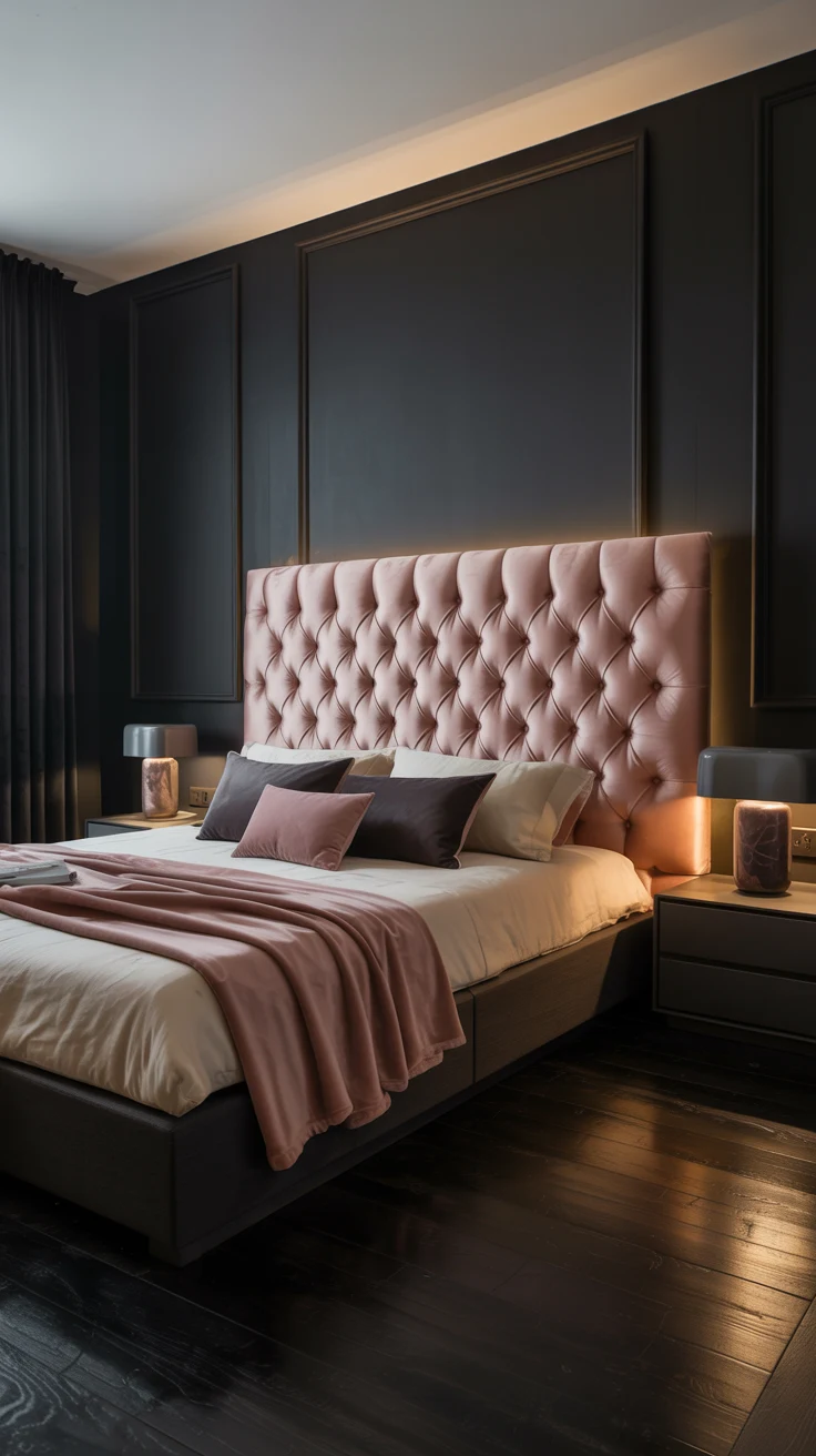 black and pink bedroom with bold contrast
