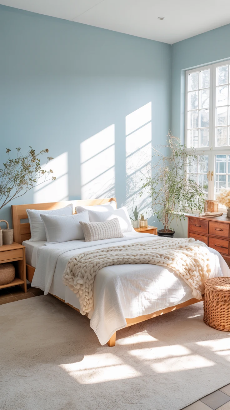 blue bedroom with stylish layered decor 