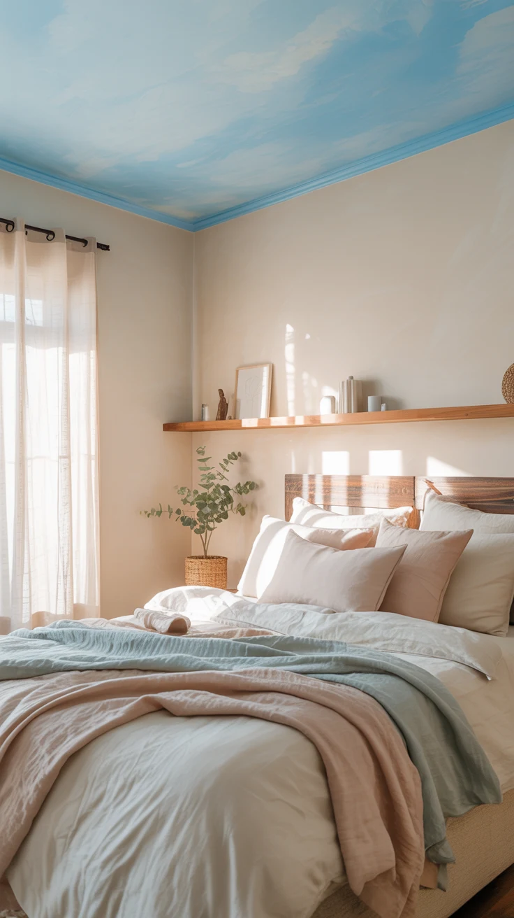 blue bedroom with stylish layered decor 